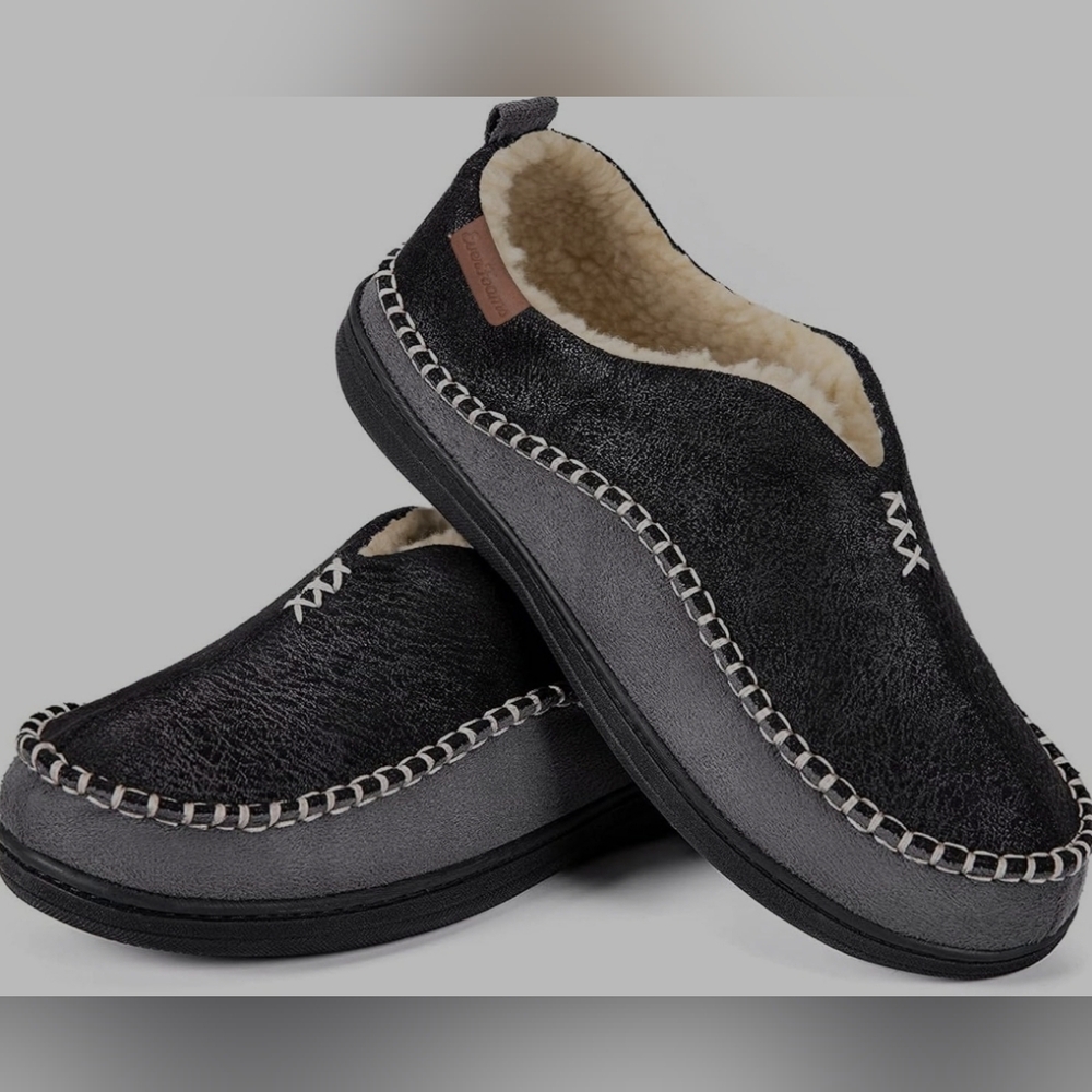 EverFoams Men's Suede Memory Foam Moccasin Slippers W/Fuzzy Sherpa Lining Size 9